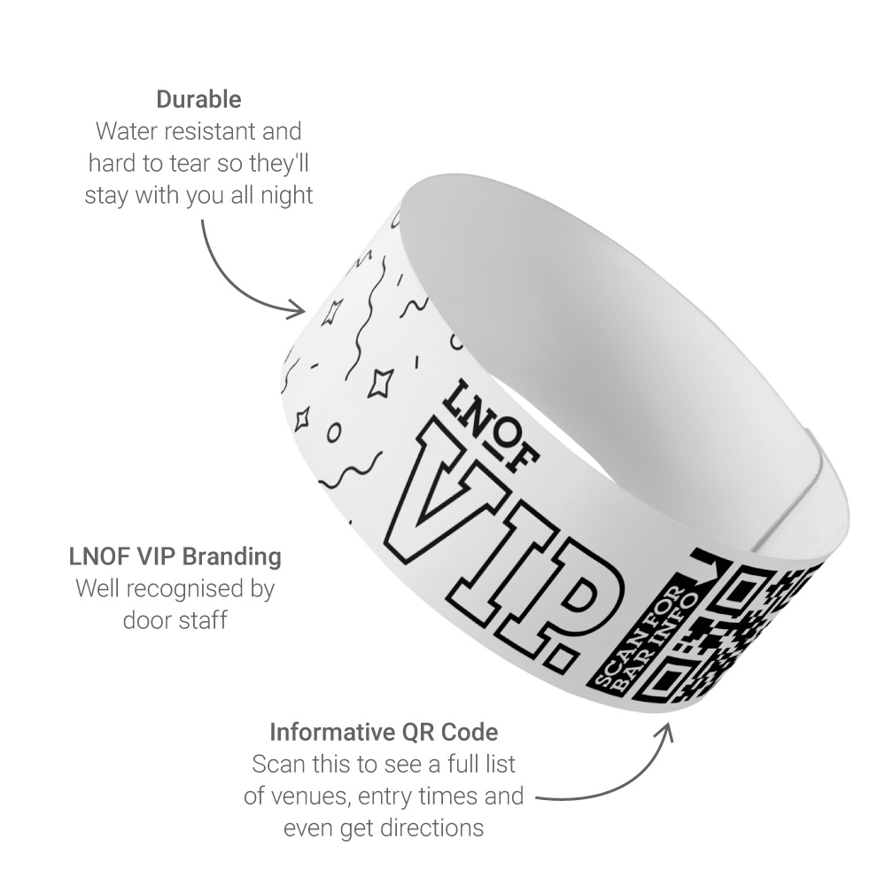An LNOF wristband with text pointing to it reading Durable, LNOF branding and Informative QR code.