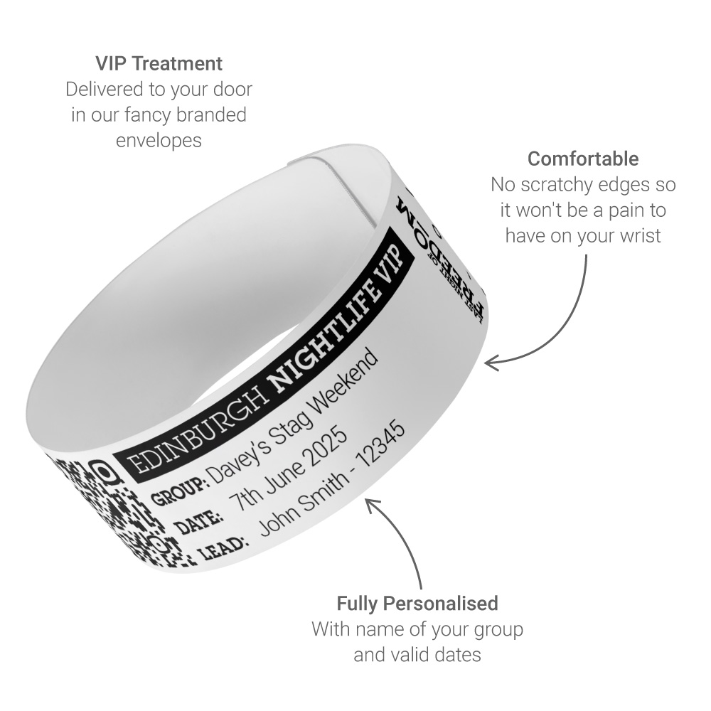 An LNOF wristband with text pointing to it reading VIP, Comfortable and Fully Personalised.