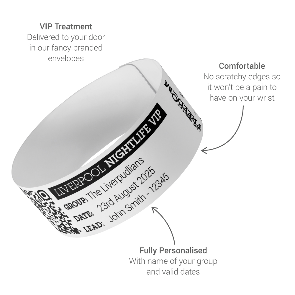 An LNOF wristband with text pointing to it reading VIP, Comfortable and Fully Personalised.