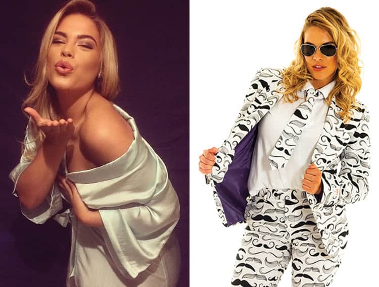 Side by side images of Lia Sundin in LNOF Opposuit and blowing a kiss in a silk robe