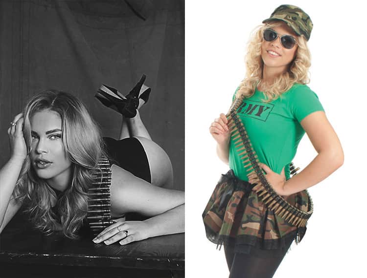 Lia Sundin in sexy naked photo with a bullet belt and another modelling LNOF's army costume hen night theme