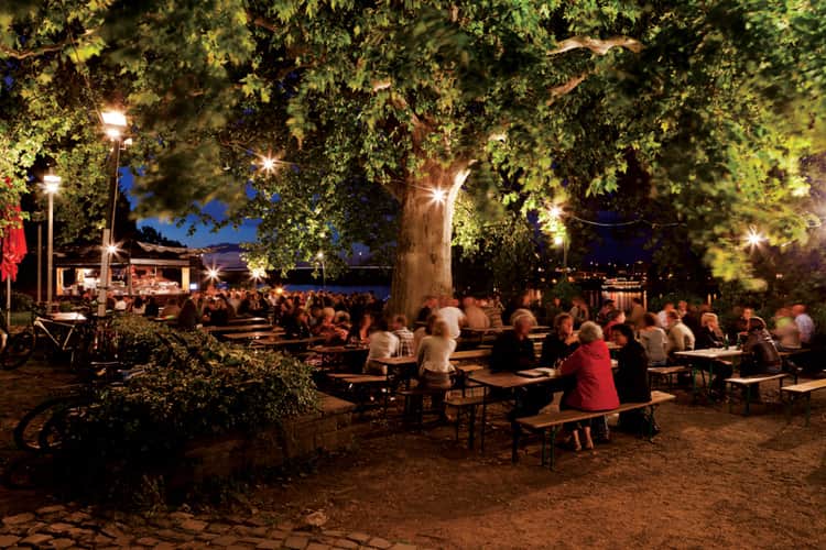 A German beer garden at night
