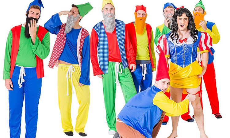 A man dressed as Snow White, with seven men in gnome costumes