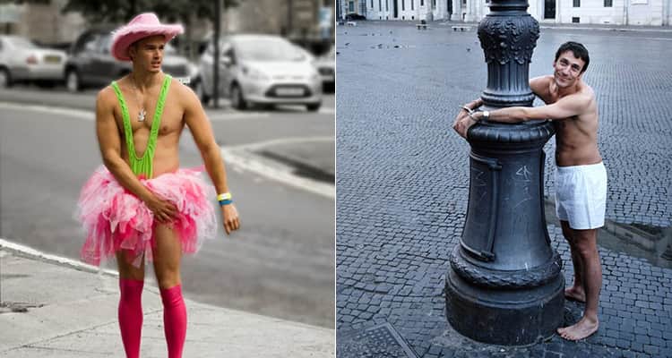 man in Borat mankini and pink tutu and second stag handcuffed to a lamppost
