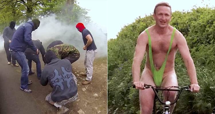 Man being kidnapped in woods and wearing a Borat mankini on a bicycle