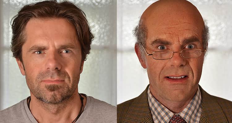 a man in his thirties side by side a makeover of him as an old man
