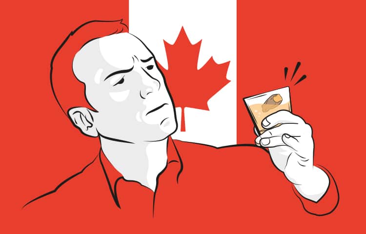 An illustration of a man drinking the famous, Canadian Sour Toe Cocktail with a toe in it