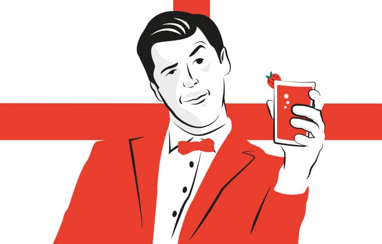 An illustration of a man in a red blazer, holding a glass of Pimms