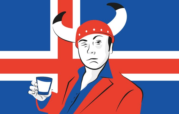 An illustration of a drunk man in a horned helmet, drinking a shot of Brennivin