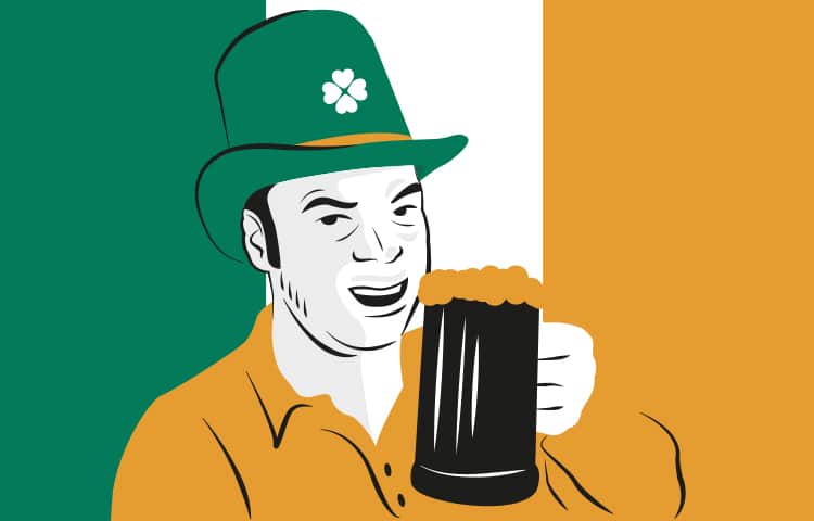 An illustration of an Irish man wearing a green hat and drinking a pint of Guinness