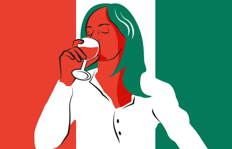 An illustration of an Italian woman drinking a glass of wine