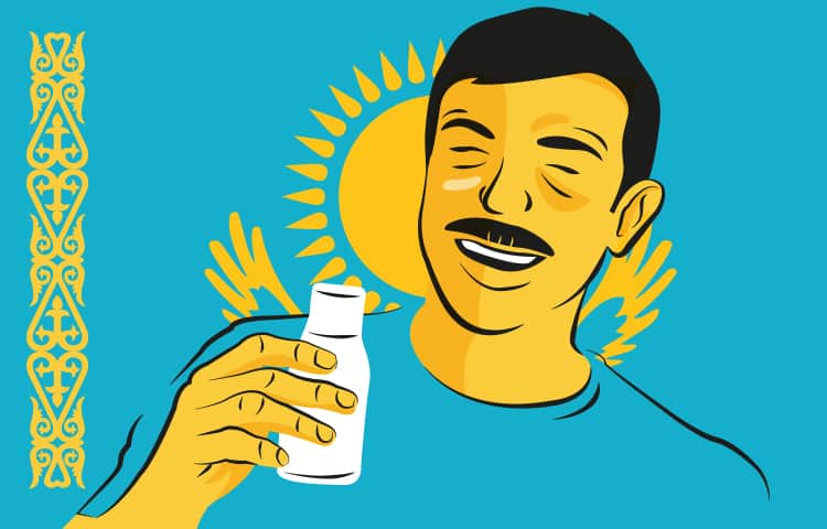 An illustration of a man from Kazakhstan drinking a bottle of fermented mare's milk