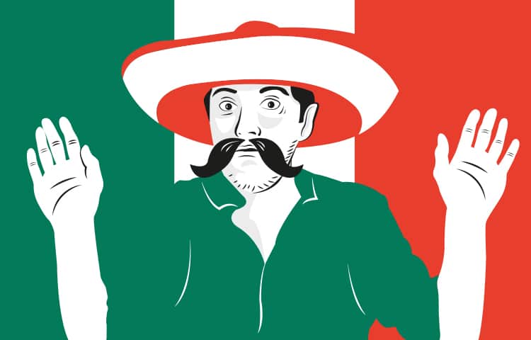 An illustration of a man in a sombrero, wearing a moustache and green shirt holding his hands up