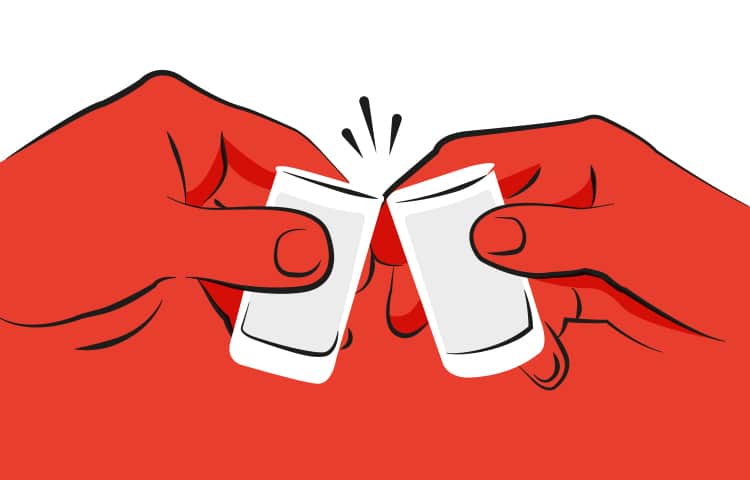 An illustration of two hands clinking together two shot glasses