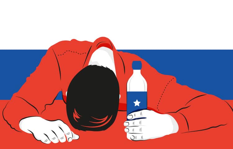 An illustration of a man with his head down on the table whilst holding a bottle of vodka