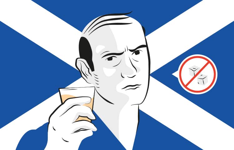 An illustration of a Scottish man holding up a shot of whiskey
