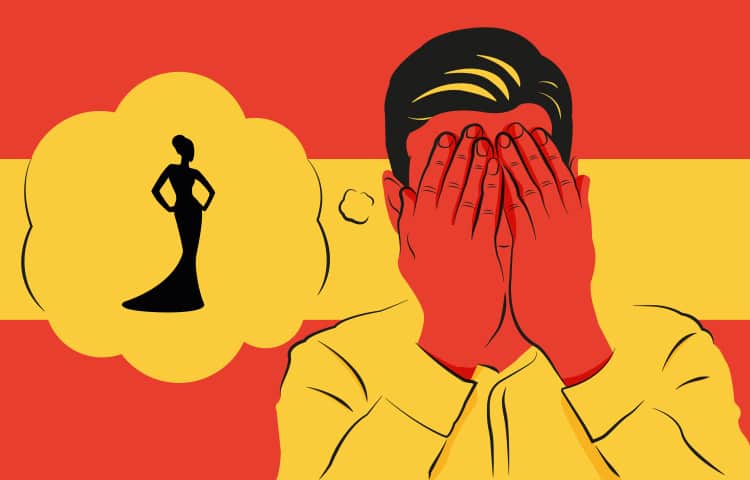An illustration of a man holding his head in his hands, with a thought bubble containing an image of a woman's silhouette