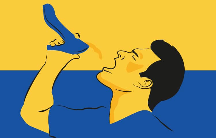 An illustration of a Ukranian man drinking out of a blue, high-heeled shoe