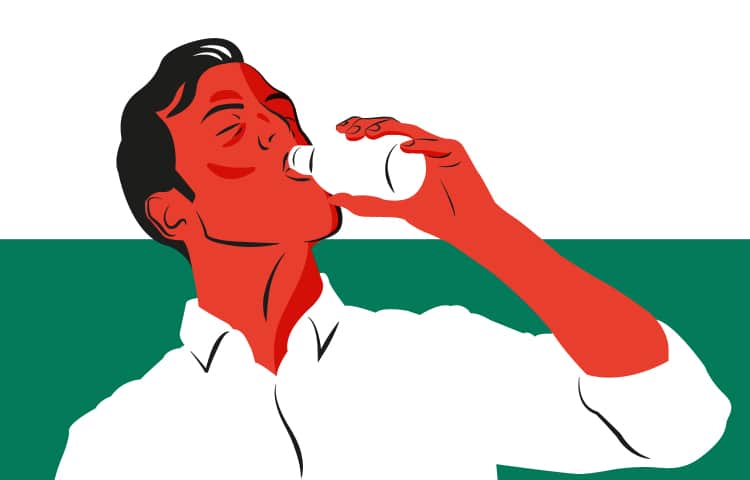 An illustration of a Welsh man drinking from a bottle