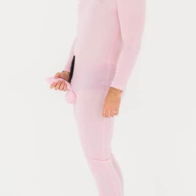 A man in a pink bodysuit with an attached penis, and holding the penis