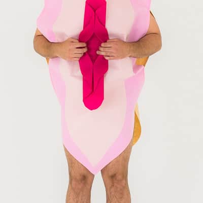 A man in a pink vagina costume