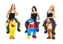 The chicken, clown and horse costume all being modelled