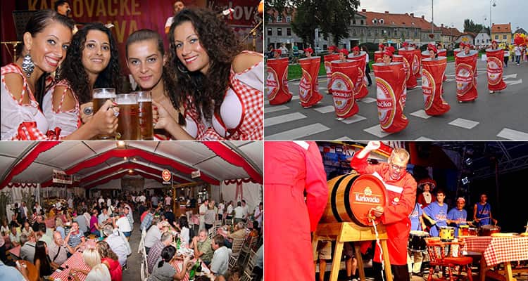 Four tiled images of the Karlovac beer festival in Croatia, with images including the parades, the beer maids and the beer halls