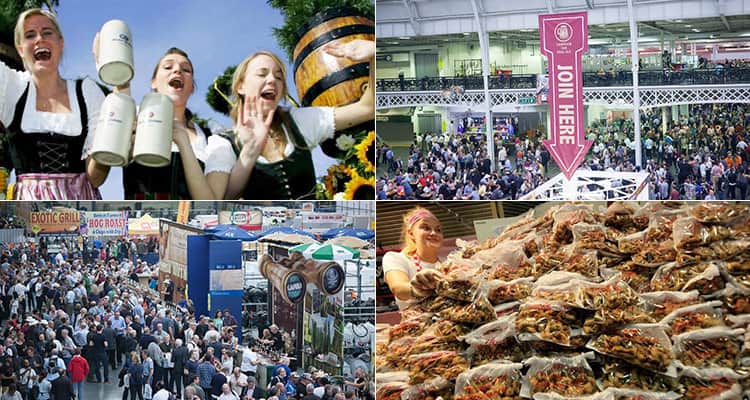 Four tiled images of the Great British Beer festival in London, featuring images of revelers, the halls and the food
