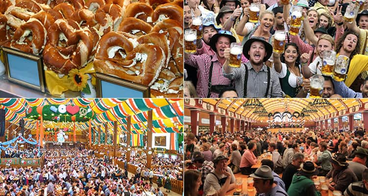 Four tiled images of the Oktoberfest beer festival held in Munich, featuring images of the hall and people drinking