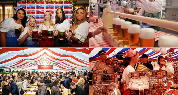 Four tiled images of the Czech beer festival in Prague, including images of the halls, the beer and the beer maids