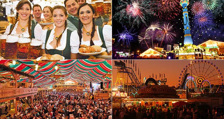 Four tiled images of the Cannstatter Volksfest, with images featuring beer maids, fireworks and the grounds