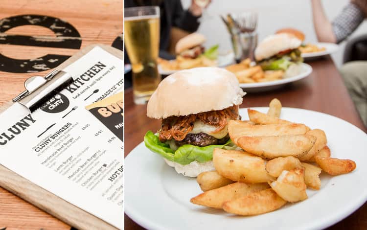 An image of a burger from The Cluny and a photo of the menu from the restaurant, in Newcastle Upon Tyne