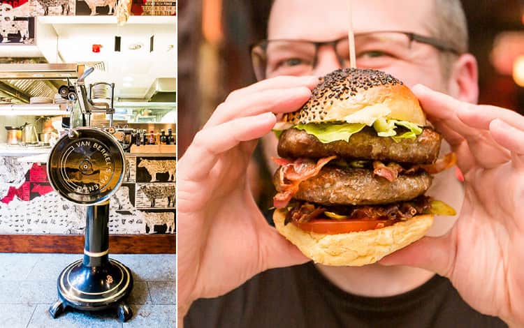 An image of a man eating a burger from dAt Bar and a close up of the meat grinder