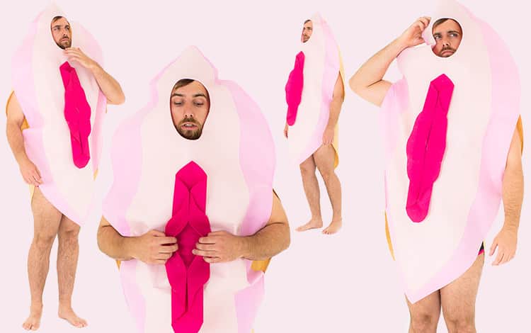 Four different shots of LNOF's Shameless Model dressed as a huge pink vagina
