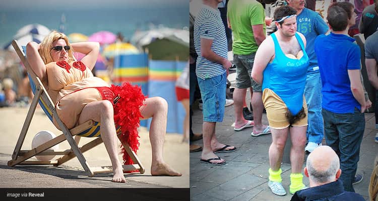 Two tiled images, one of a man relaxing in a deck chair in a fat suit with fake boobs, and one of a man stood in a crowd wearing a blue fat suit with fake boobs