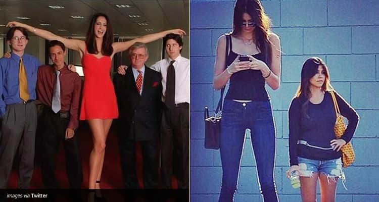 Two tiled images, one of a tall woman holding her arms above four men and the other is a Photoshopped image of Kendall Jenner and Kourtney Kardashian