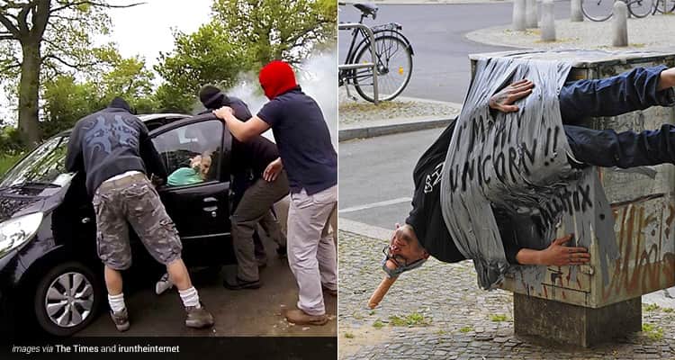 Two tiled images, one of three men wearing balaclavas and pulling a person out of a black car, and one of a man gaffa taped to a bin with a penis strapped to his head