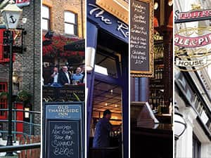 Five tiled images of pubs in London - including one of The Anchor, Old Thameside Inn, The Rake and The Horniman at Hays 
