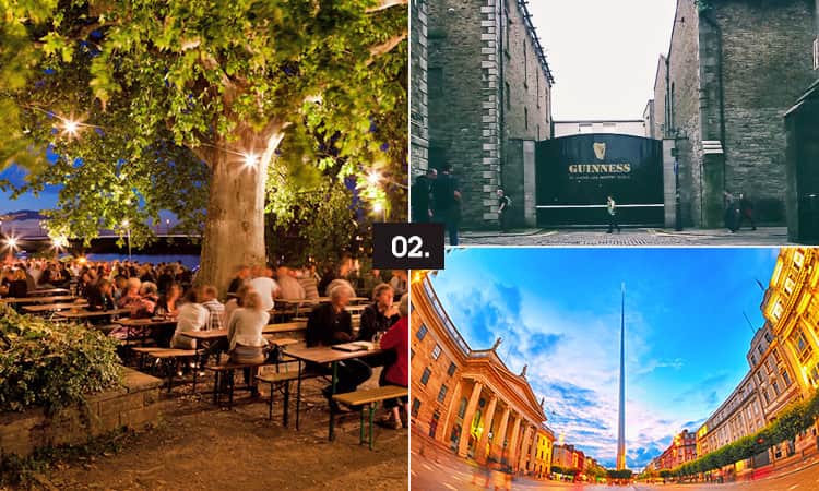 Three tiled images - including one of the Guinness Storehouse gate, one of a monument in Dublin and one of an outdoor terrace