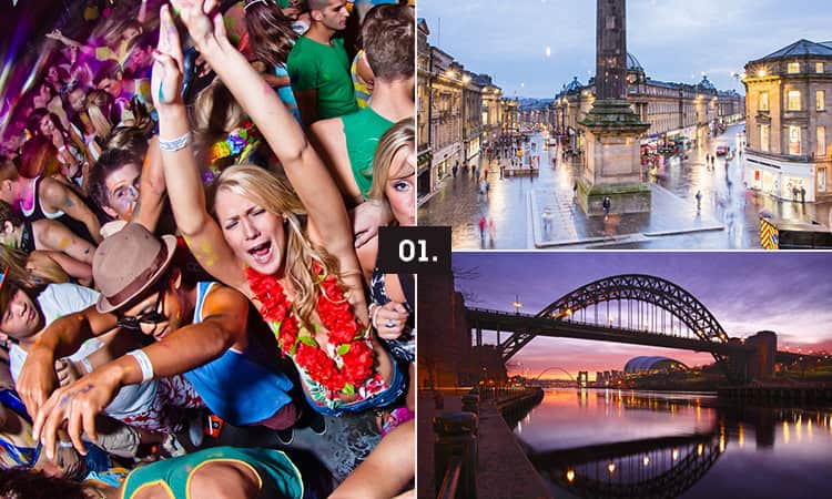 Three tiled images - including one of men and women dancing, one of the Tyne Bridge at night and one of Grey's Monument