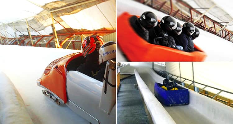 Three tiled images - including images of people riding bobsleighs in rinks and one on a road