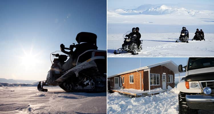 Three tiled images - including two of snowmobiles and a car in the snow next to a building