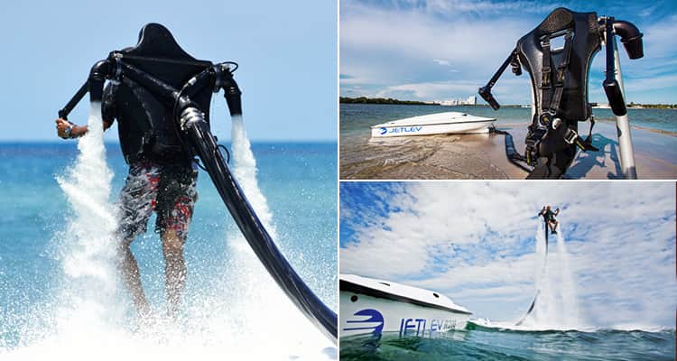 Three tiled images - including two of someone flying a jet-lev and one of a jet-lev and a boat