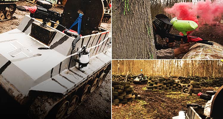 Three tiled images of a mini tank, a man holding a paintball gun and a mini tank arena