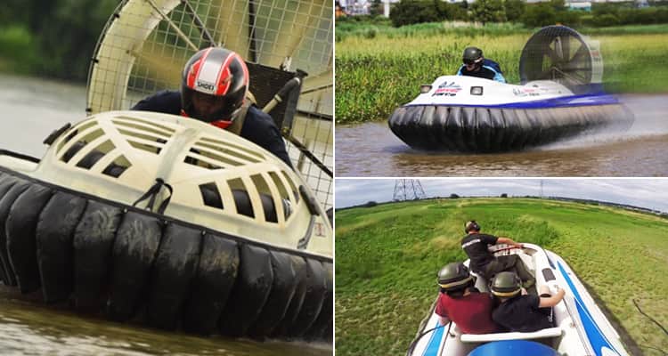 Three tiled images featuring people racing hovercrafts