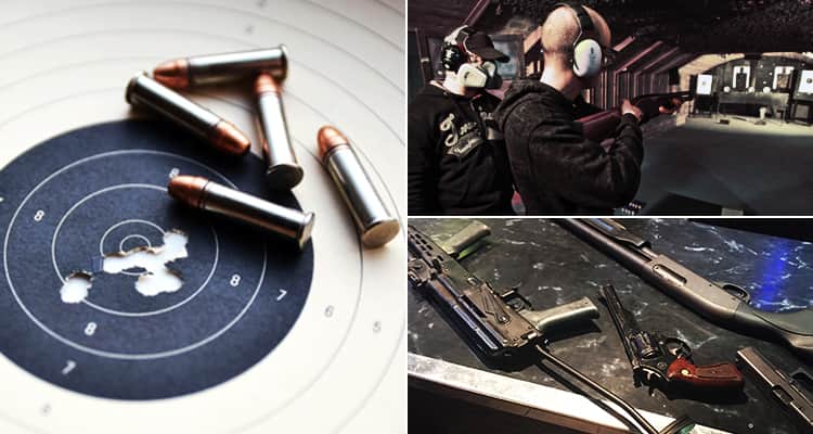 Three tiled images of a shooting range, bullets and guns