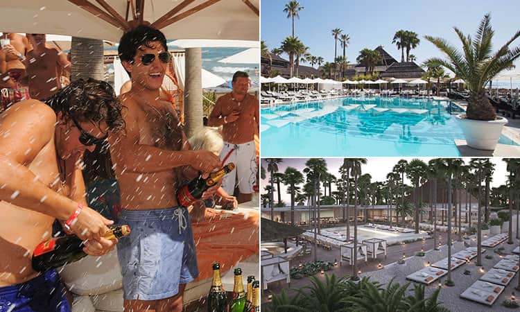 Three tiled images - including one of men spraying champagne and two of beach clubs in Marbella