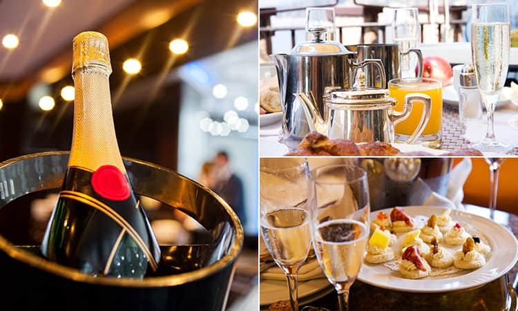 Three tiled images - including one of a champagne in a bucket, and two with champagne glasses surrounding food