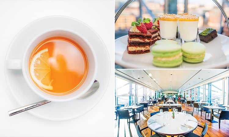 Three tiled images - including one of a a tea, one of desserts on a plate and one of Six Baltic restaurant
