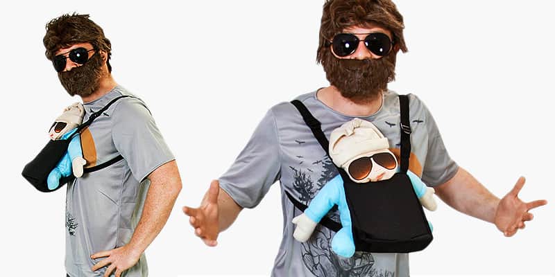 A close up two tiled images of a man in an Alan Hangover costume